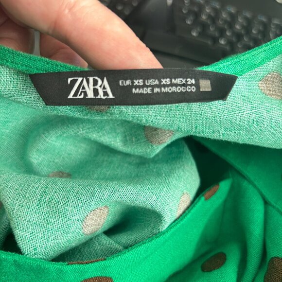 Zara Kelly Green Polkadot Linen Blend Top Sz XS Tunic Belted 3/4 Sleeve V Neck - Picture 7 of 8